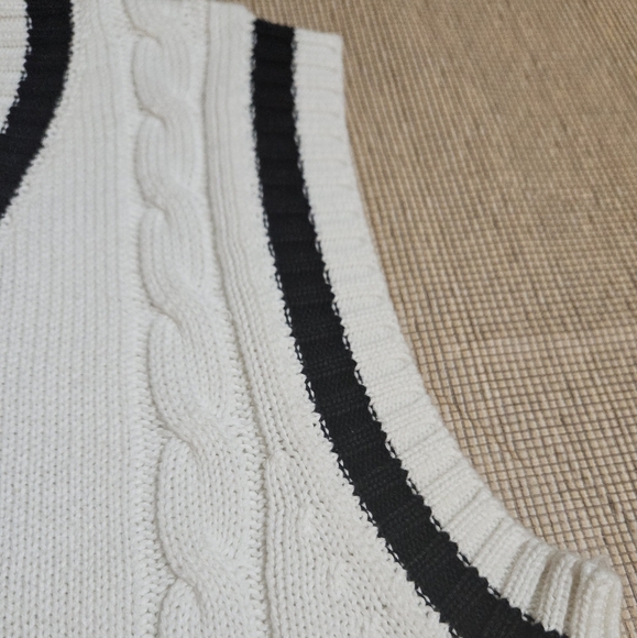 Yujianxiong knit white black stripes tennis pullover V-neck sweater vest Sz M/L - Picture 5 of 12